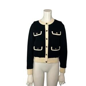 Sandro Paris Black Knit Jacket Cardigan Cream Trim Button Front Sz 1 (MEDIUM)